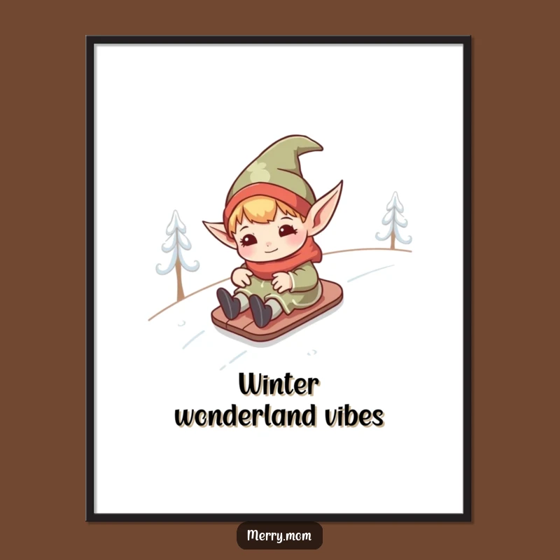 Funny Kawaii Elf Poster: Hilarious Snowy Hill Art for Wall Decor