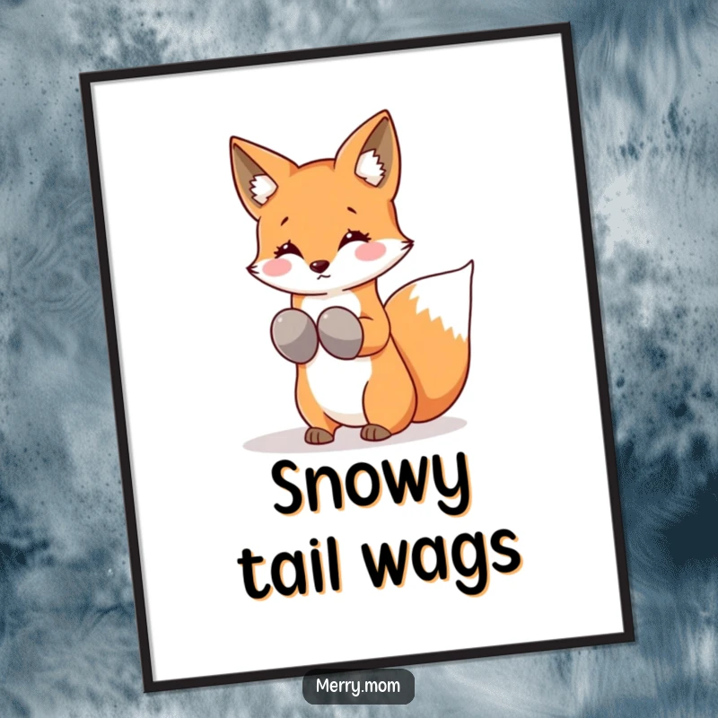 Funny Kawaii Fox Poster wearing mittens and shaking snowflakes from its tail, creating a playful winter scene.