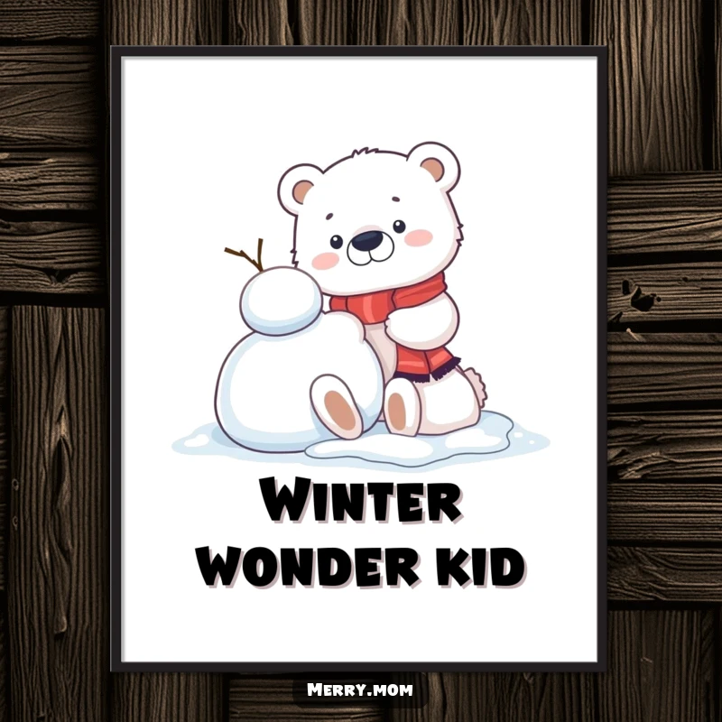 Funny Kawaii Polar Bear Cub Poster, cheerfully building a snowman, creating a heartwarming winter scene for your wall.