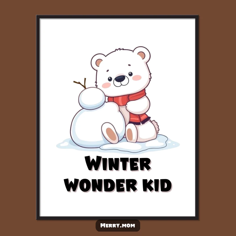 Funny Kawaii Polar Bear Cub Poster: Snowman Building Joy, Winter Wall Art Gift