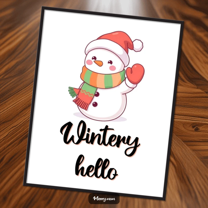 Funny kawaii snowman poster art of a cute snowman wearing a festive scarf and waving a mitten, perfect for winter wall decor.