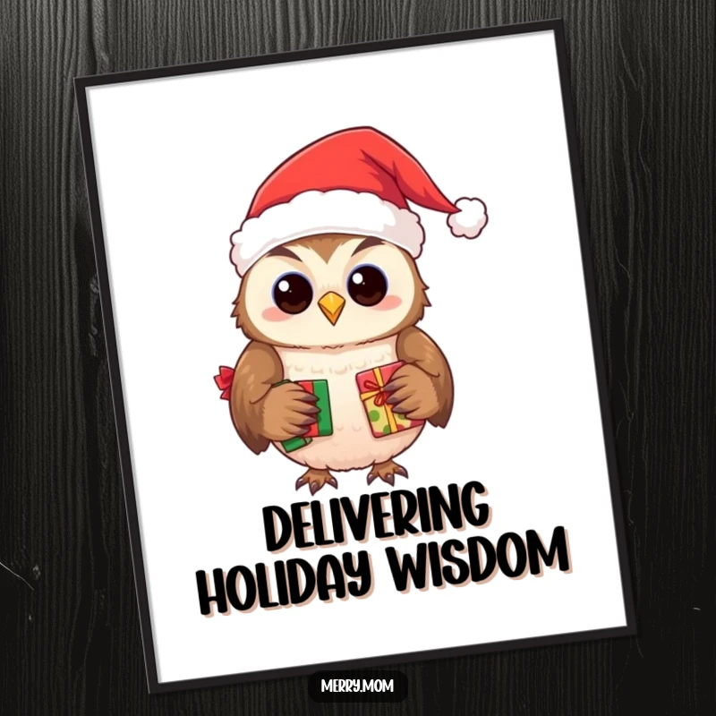 Funny poster print of a smiling owl wearing a cozy Santa hat, delivering presents with wisdom.