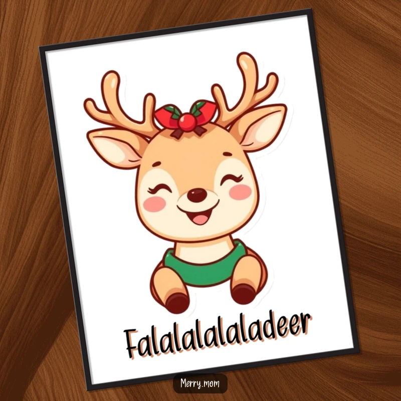 Funny wall art poster of a smiling kawaii deer mom wearing charming holiday antlers, adding festive cheer to any room.