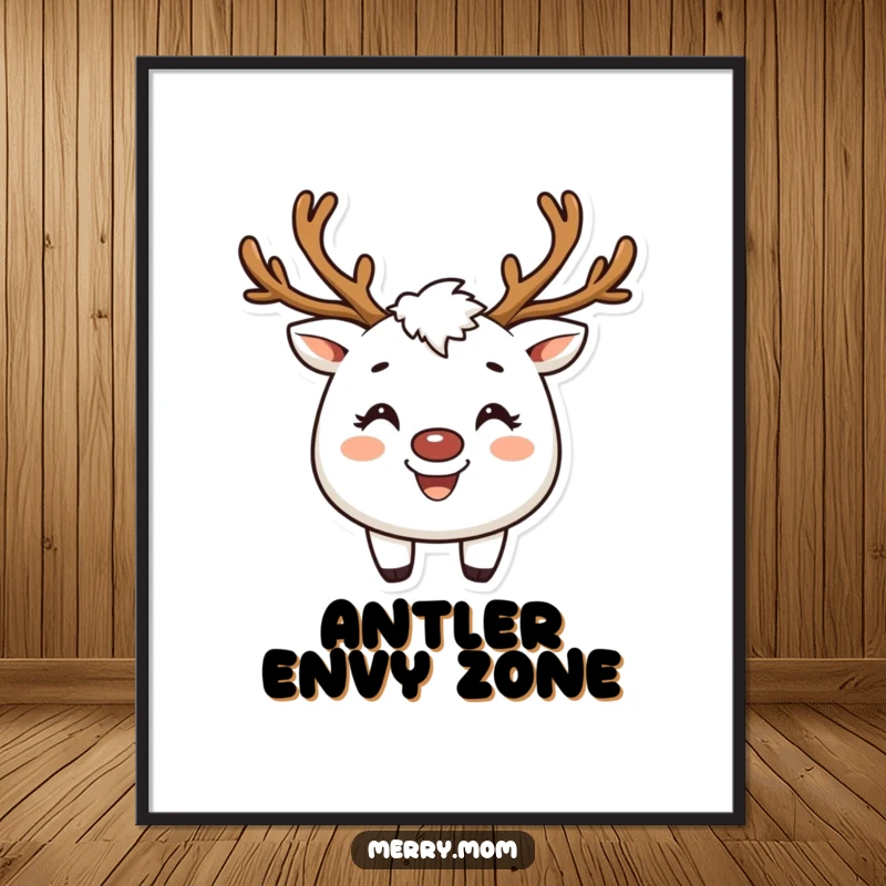 Funny poster of a creature wearing reindeer antlers and a broad, cheerful smile, embodying holiday happiness.