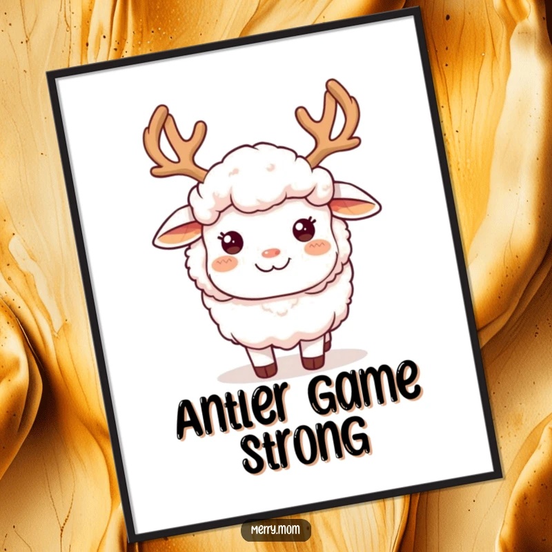 Funny fluffy sheep wearing reindeer antlers and a happy smile, printed as vibrant wall art, celebrating Christmas.