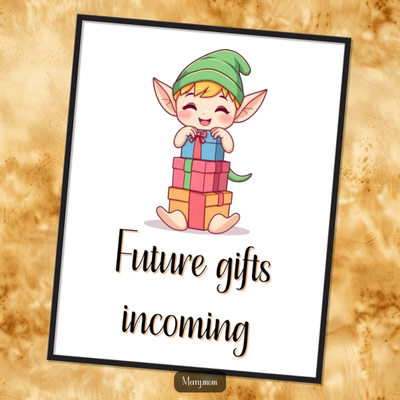 Funny Kawaii elf character joyfully stacking colorful gift boxes on a poster, a festive and humorous art piece.