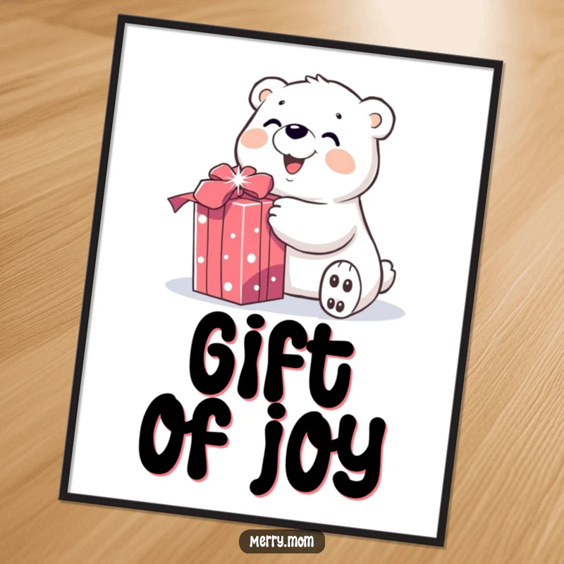 Funny poster art of a smiling polar bear character joyfully unwrapping a sparkly gift, creating a heartwarming and festive visual.