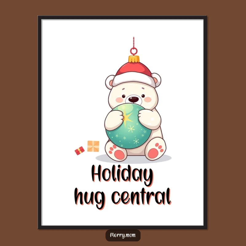 Funny Kawaii Polar Bear Poster: Hugging Ornament Art for Festive Decor