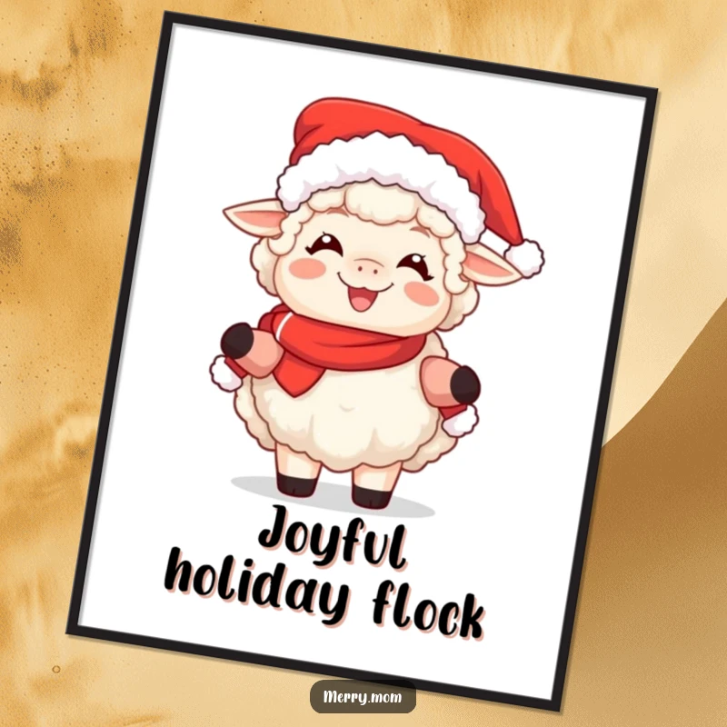 Funny poster print of a fluffy sheep joyfully dressed as Mrs. Claus, spreading holiday cheer.