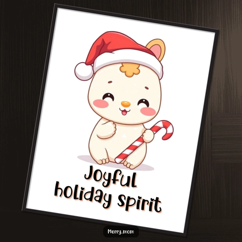 Funny poster featuring a cheerful animal wearing a Santa hat and holding a candy cane, perfect for holiday decor.