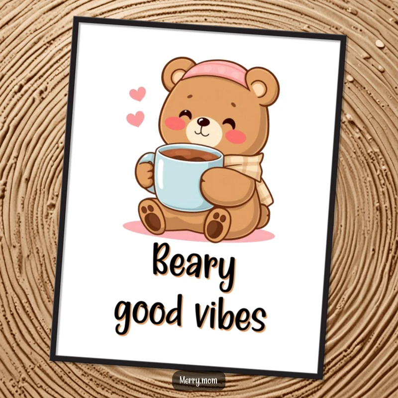 Kawaii bear mom offering a mug of hot chocolate, a heartwarming and humorous wall art piece for cozy spaces.