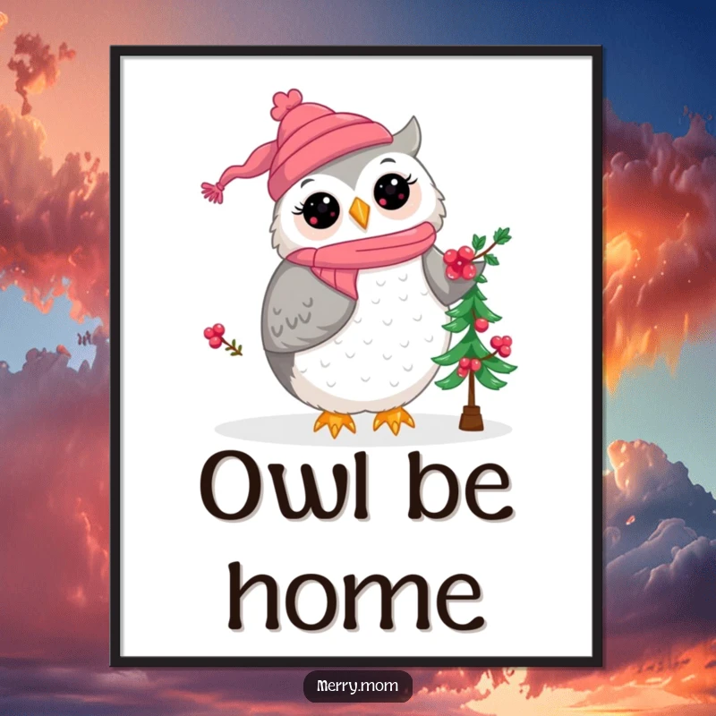 Kawaii owl mom decorating a festive mini Christmas tree with berries, a charming and humorous holiday wall art piece.