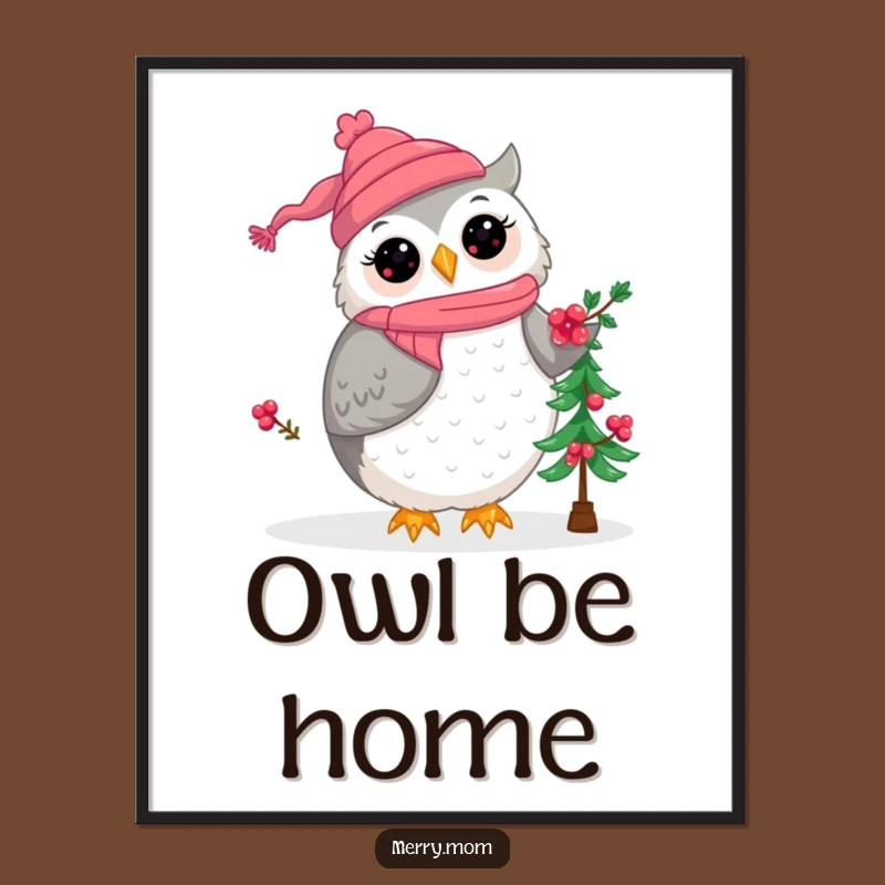 Kawaii Owl Mom Christmas Poster - Adorable Holiday Wall Art