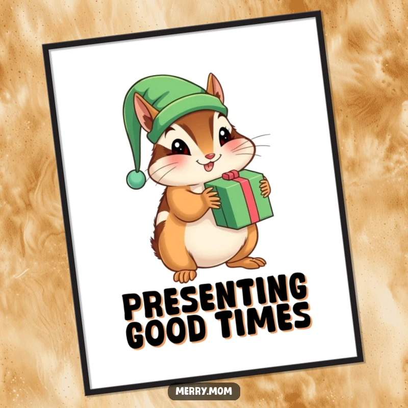 Funny poster print of a playful chipmunk wearing an elf hat, shaking a present energetically.