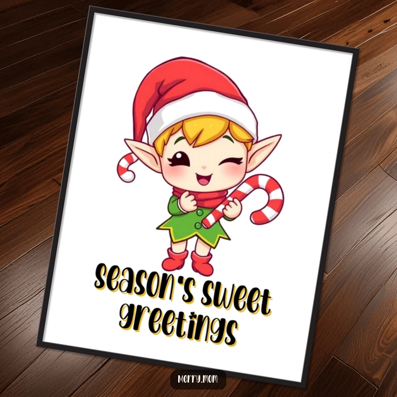 Funny poster print of a merry elf winking while presenting a candy cane, perfect holiday wall decor.