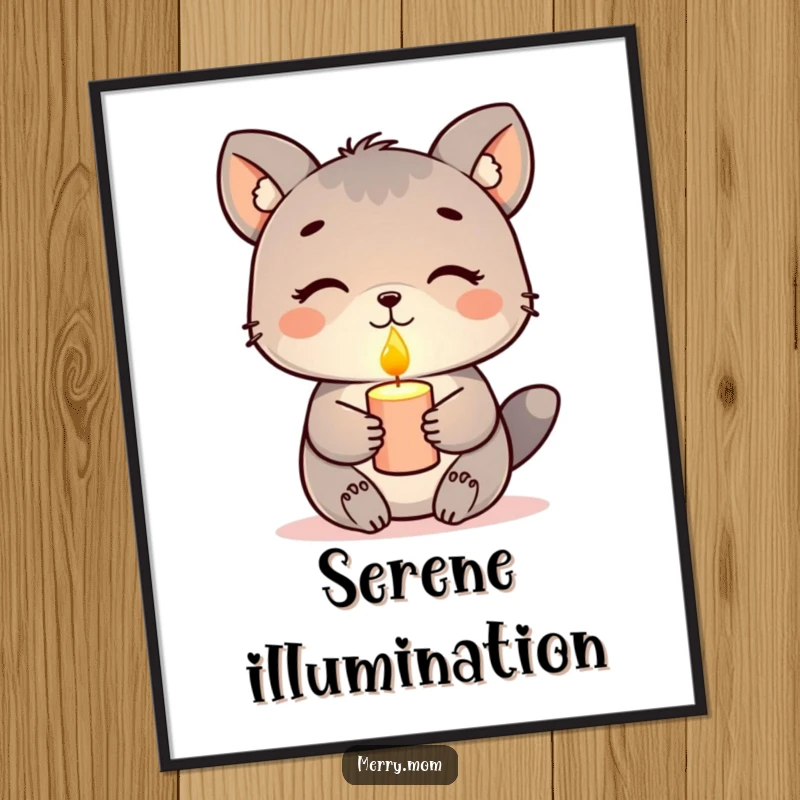 Funny poster, animal holding a glowing candle with a peaceful expression, serene wall art, calming illustration.