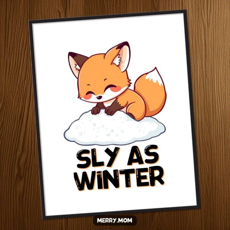 Kawaii fox character happily digging in sparkling snow, a charming and humorous winter-themed wall art piece.