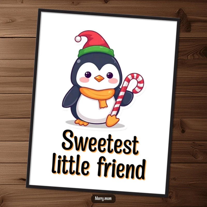 Funny Kawaii Penguin Poster holding a candy cane, wearing a tiny elf hat, bringing festive charm and cuteness.