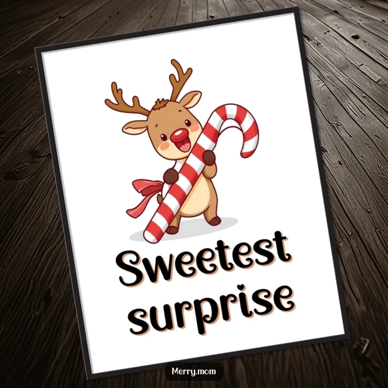 Funny kawaii reindeer poster art of a cute reindeer excitedly unwrapping a giant candy cane, perfect for festive wall decor.