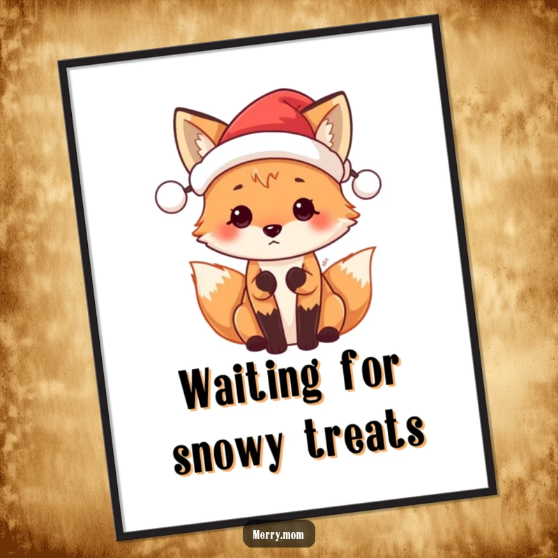 Funny Santa Fox poster art of a cute fox wearing a tiny Santa hat, anticipating holiday fun.