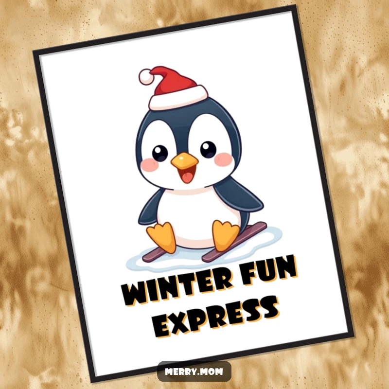 Funny poster print of a happy penguin wearing a Santa hat, sliding on ice, capturing winter's playful energy.