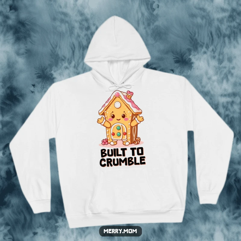 Funny hoodie depicting a dancing gingerbread house character with icing, offering cozy warmth and festive humor for all.