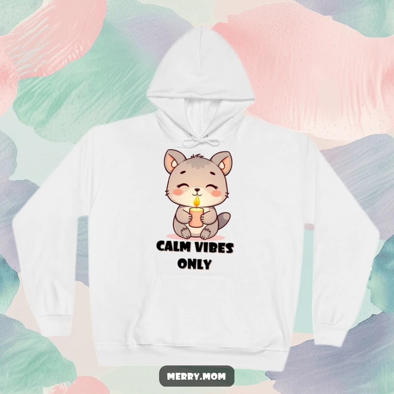 Funny hoodie, animal holding a glowing candle with a peaceful expression, warm and serene design.