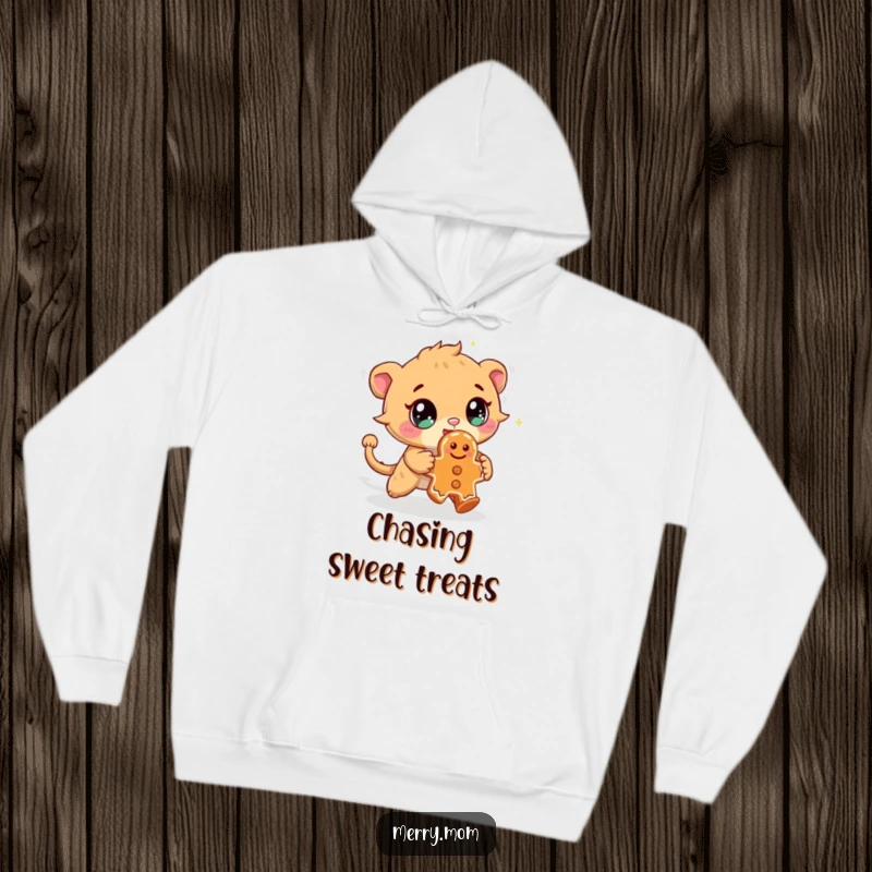 Funny hoodie depicting a cute creature with sparkling eyes, chasing after a mischievous gingerbread cookie, perfect for playful comfort.
