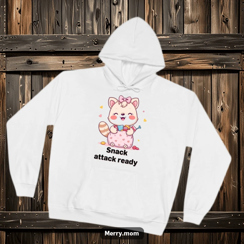 Funny, warm hoodie with a happy animal holding a gift bag overflowing with tasty treats, perfect for lounging.