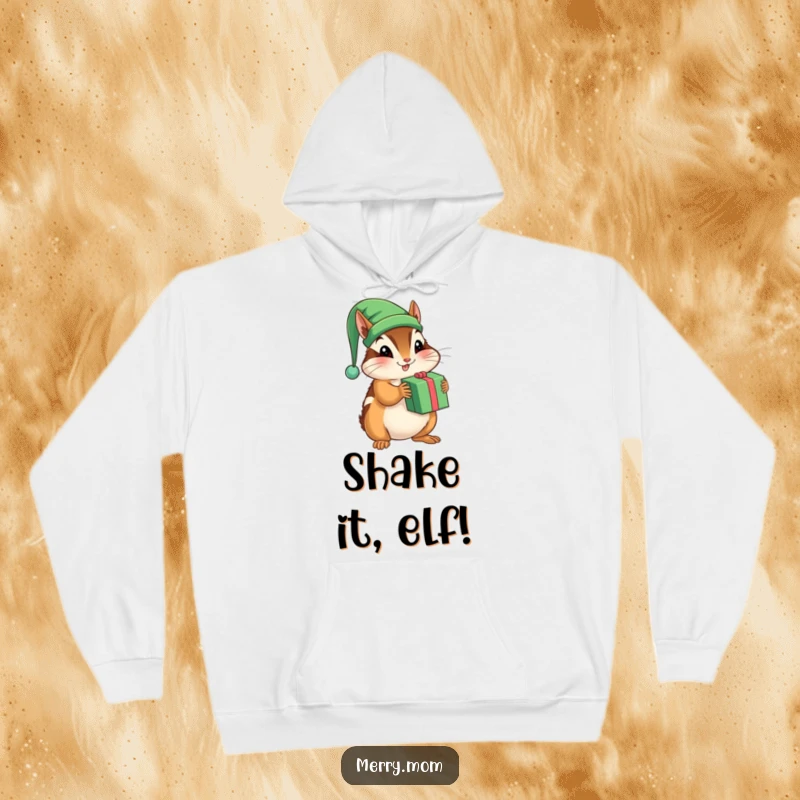 Funny hoodie featuring a playful chipmunk in an elf hat, shaking a holiday gift.