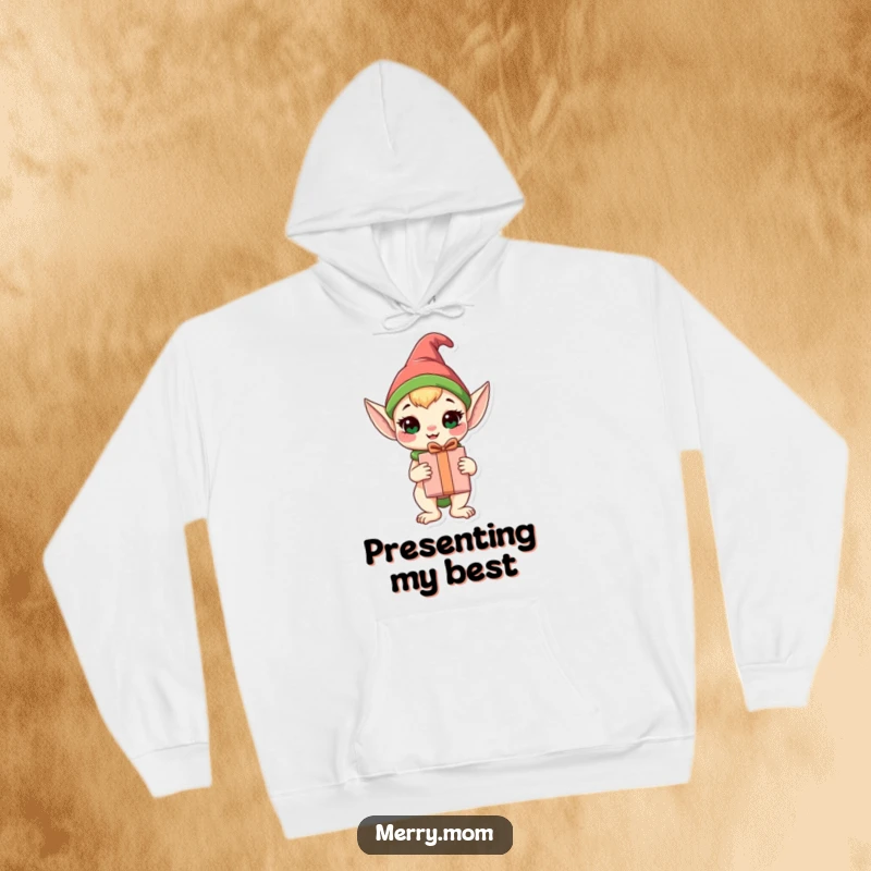 Funny Elf Animal Hoodie featuring a happy elf animal holding a wrapped gift, perfect for cozy winter days.
