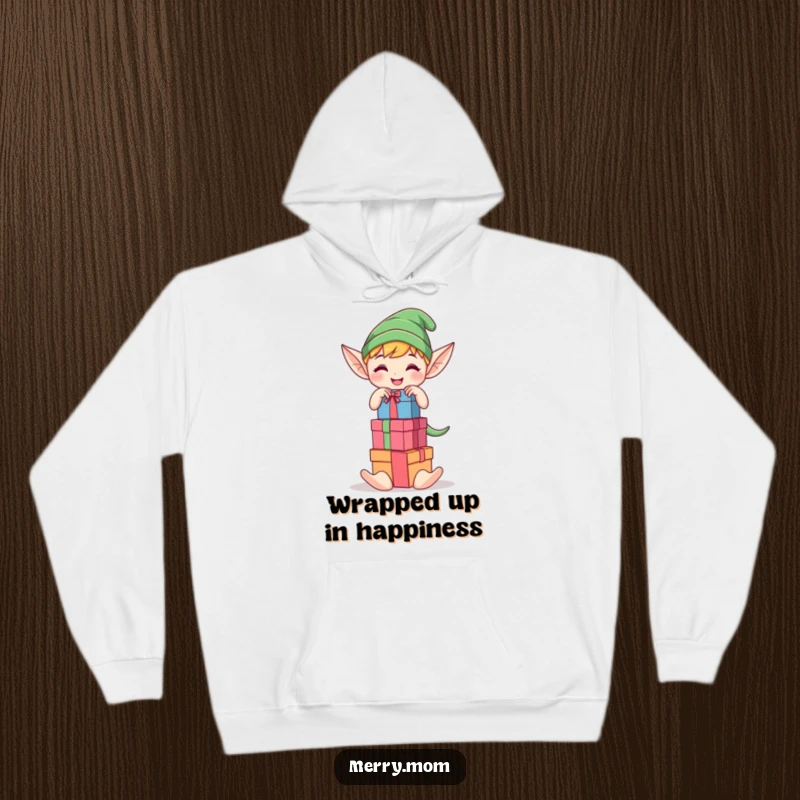 Funny Kawaii elf character joyfully stacking colorful gift boxes on a hoodie, ideal for cozy holiday humor.