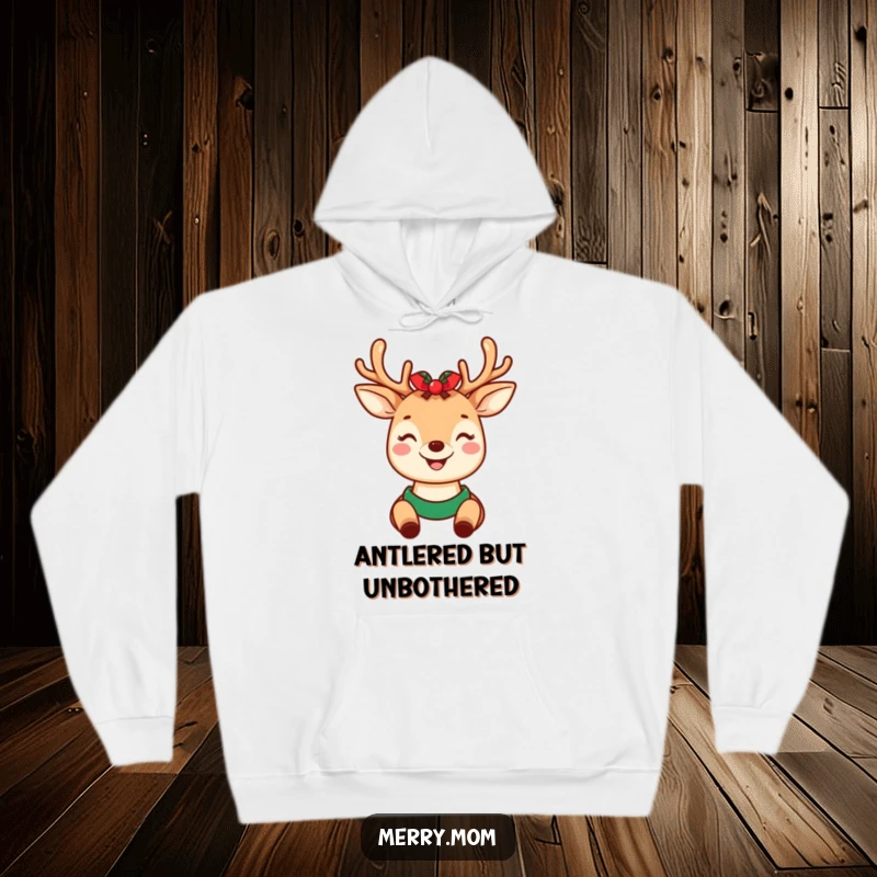 Funny warm hoodie featuring a kawaii deer mom with bright holiday antlers, perfect for a cozy and cheerful winter day.