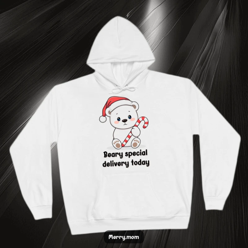Funny Christmas hoodie featuring a cute polar bear wearing a Santa hat, offering a sweet candy cane with cozy winter vibes.