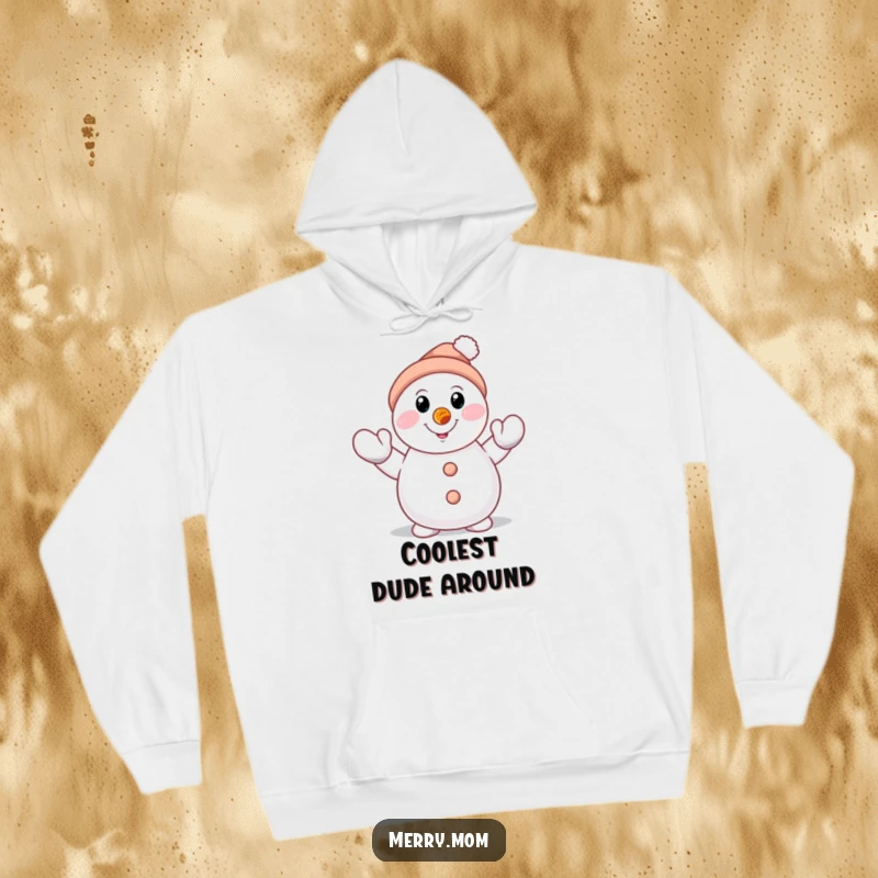 Funny smiling snowman character with carrot nose, waving a mittened hand on a hoodie, ideal for cozy winter fun.