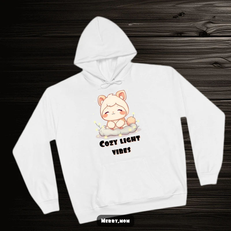 Funny hoodie depicting a cute creature with a contented sigh, nestled amongst twinkling fairy lights, ideal for cozy relaxation.
