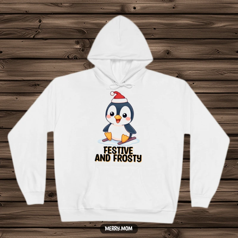 Funny hoodie with a happy penguin wearing a Santa hat, sliding on ice, perfect for cozy holiday warmth.