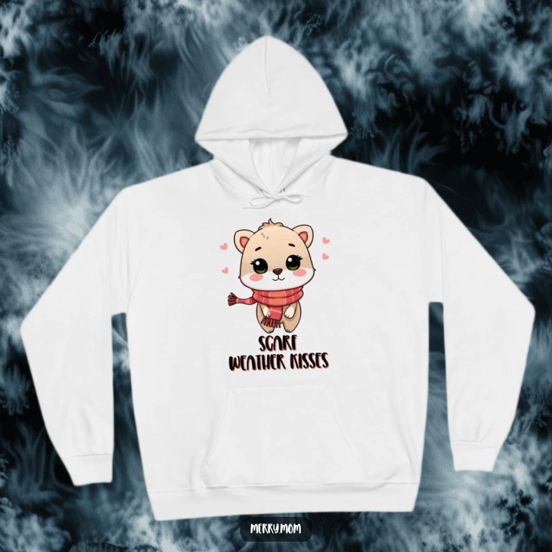 Festive Animal Kiss Hoodie, illustration of an animal in a holiday scarf blowing a kiss, radiating warmth and festive spirit.