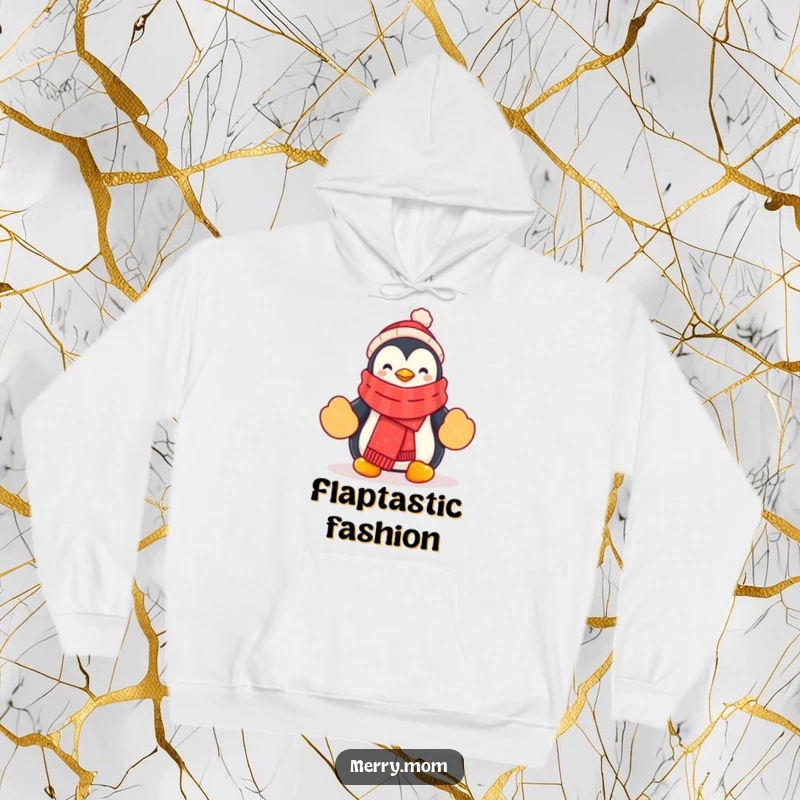 Funny Penguin Hoodie featuring a cartoon penguin in a festive scarf and mittens, ideal for cozying up.