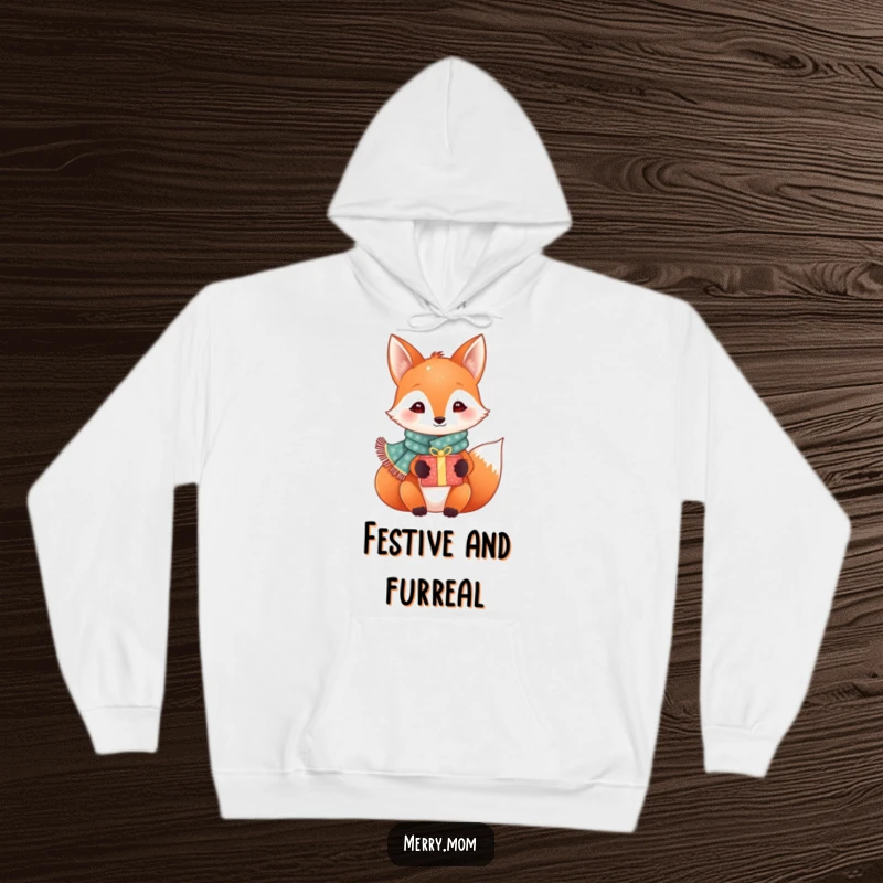 Funny festive fox in a sparkly scarf holding a gift box, looking cozy and cheerful, perfect winter hoodie gift.