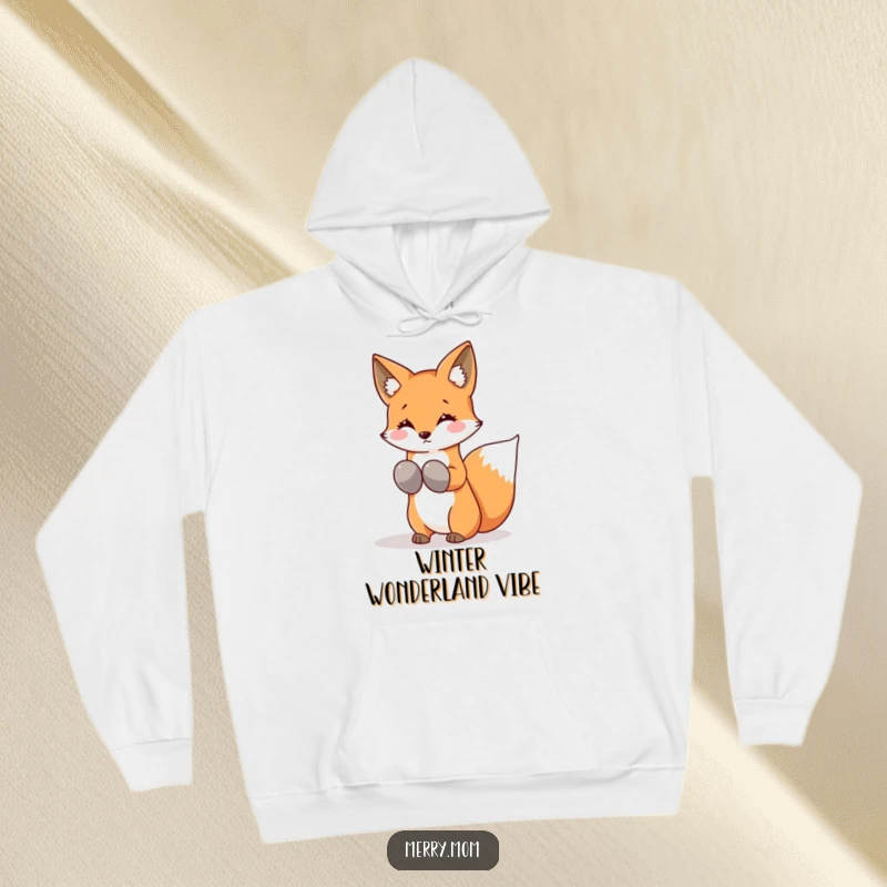 Funny Kawaii Fox Hoodie, keeping warm with mittens and shaking snowflakes from its tail, perfect winter layering.