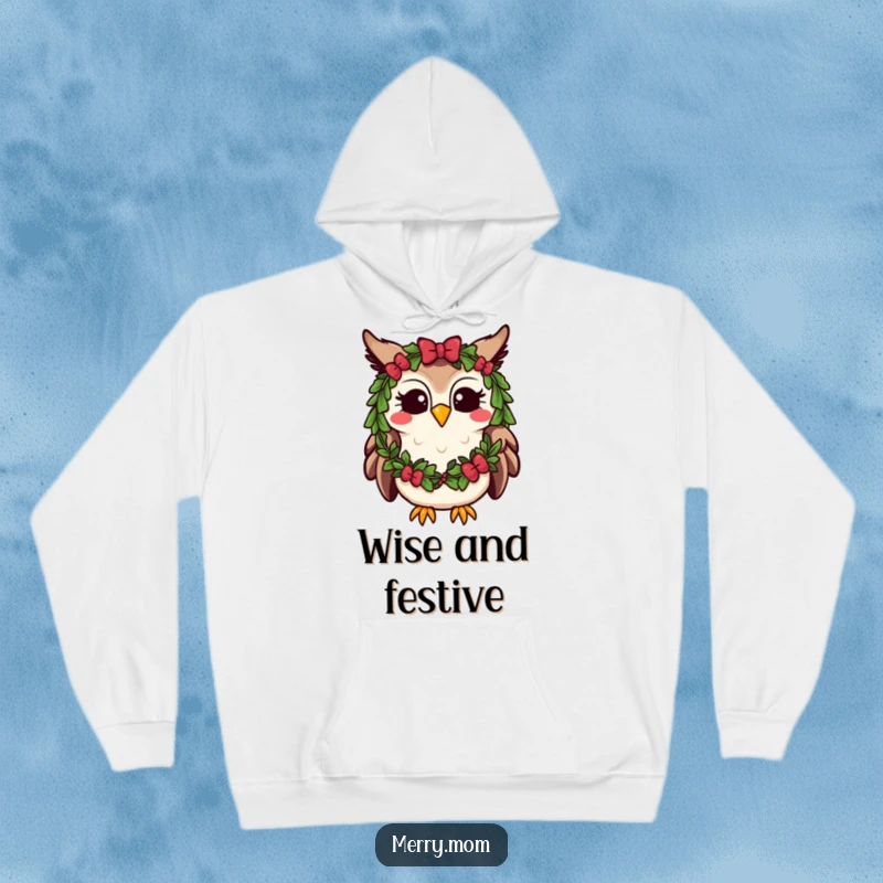 Funny Kawaii Owl Hoodie adorned with a festive wreath, hooting happily, offering cozy holiday warmth.