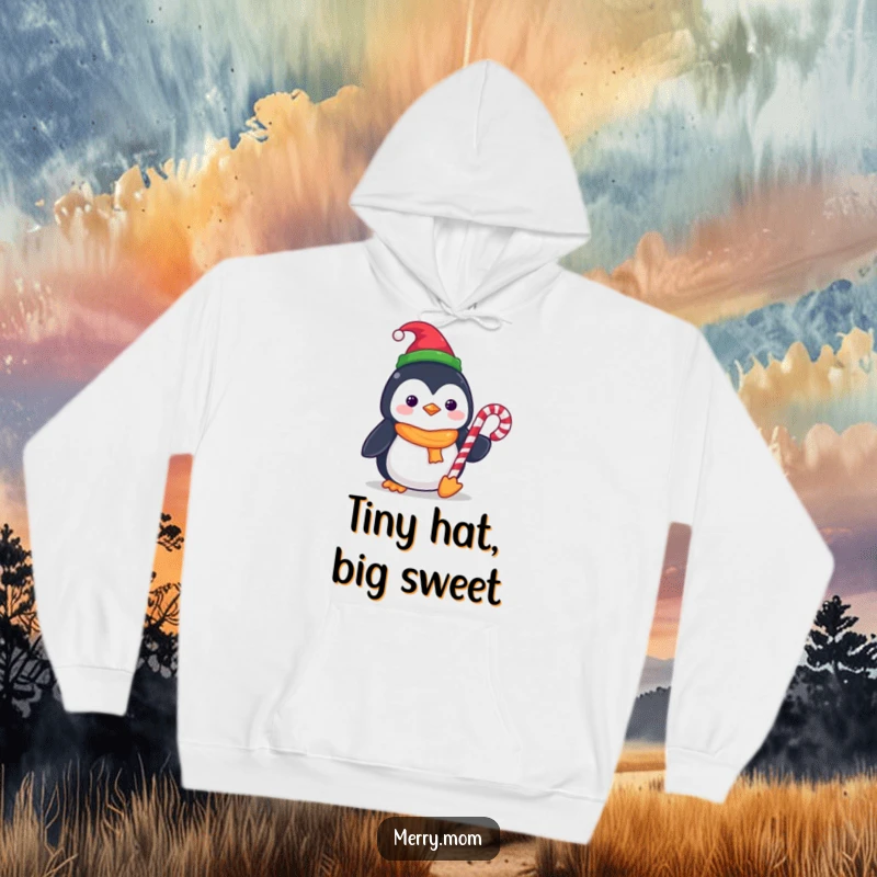 Funny Kawaii Penguin Hoodie, showcasing a tiny elf hat and a candy cane, offering ultimate comfort and holiday joy.