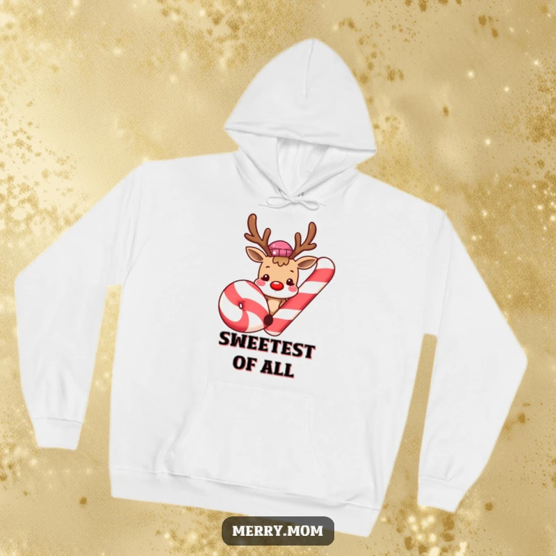 Cute smiling reindeer peeking from behind a giant candy cane on a cozy hoodie, offering warmth and a dose of holiday charm.