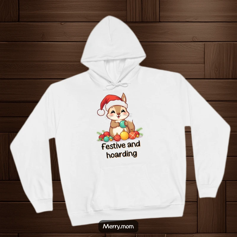 Funny hoodie with a kawaii squirrel in a Santa hat, collecting shiny ornaments, offering cozy holiday humor.
