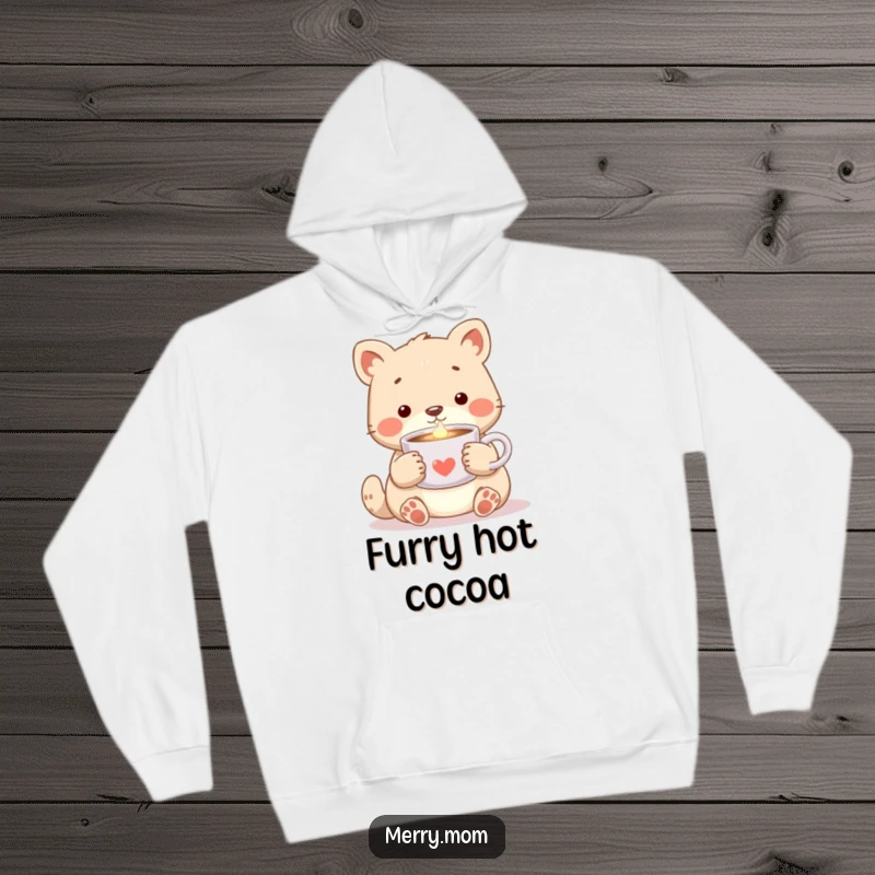 Cozy Animal Cocoa Hoodie, depicting a cute animal holding a steaming cup of cocoa, radiating a warm, comforting glow.