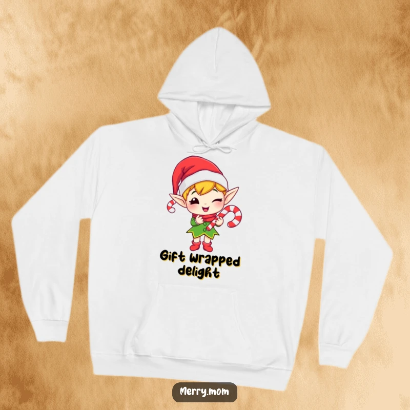 Funny hoodie featuring a merry elf character holding out a candy cane with a playful wink.