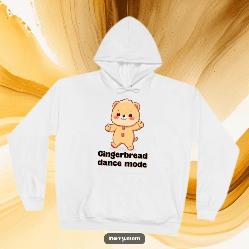 Funny hoodie featuring a fluffy animal dressed as a gingerbread man, energetically doing a jig with a smile.