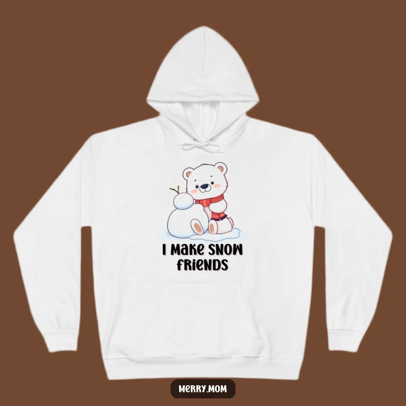 Funny Kawaii Polar Bear Cub Hoodie: Cozy Snowman Building, Warm Winter Wear Gift