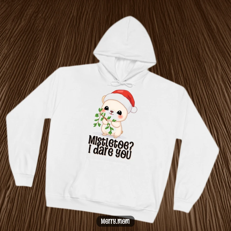 Funny hoodie featuring a charming mouse in a Santa hat, holding mistletoe, offering a festive and heartwarming embrace.
